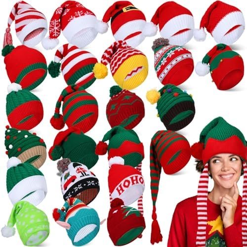 Suhine 24 Packs Christmas Santa Hats Xmas Elf Hats Warm Winter Striped Knitted Crochet Caps for Unisex Adult Men Women Christmas Holiday Winter Party Supply