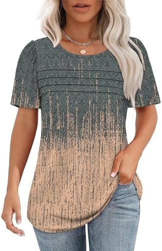 OFEEFAN Womens T Shirts Short Sleeve Tops Dressy Casual Blouses Spring Summer Outfits Flowy Pleated Front Scooped Neck