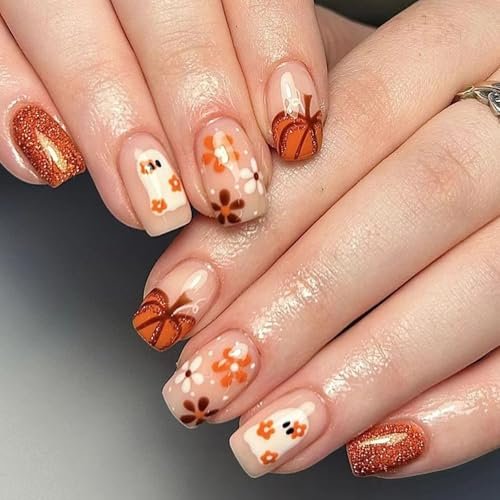 Halloween Press on Nails Short Square Fake Nails Cute Ghost Flower Pumpkin Designs Glitter Fall Glue on Nails Press ons Glossy False Nails Acrylic Stick on Nails for Women Girls 24 Pcs