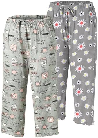 ENJOYNIGHT 2 Pack Women's Capri Pajama Pants Lounge Sleep Bottom with Pockets