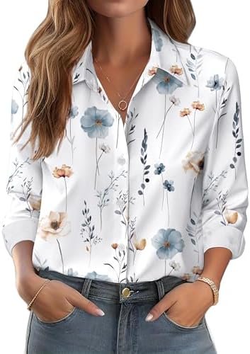 Zeagoo Button Down Shirts for Women Dressy Floral Printed Long Sleeve Blouse Business Casual Work Tops