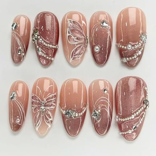 30Pcs Brown Press on Nails Medium Almond Fake Nails with Pearl Rhinestones Designs Butterfly Acrylic Nails Glitter Glue on Nails Full Cover Fall False Nails French Tip Stick on Nails for Women