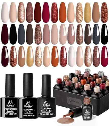 Beetles Gel Nail Polish Kit, 23Pcs Fall Nude Pink Brown Burgundy Red Gel Polish Set with Base Top Coat Verse of Roses Kit, Soak off Uv Gel Golden Glitter Holiday Nail for Women