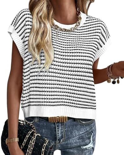 PRETTYGARDEN Womens Short Sleeve Sweater Spring Summer 2025 Round Neck Striped Pullover Cap Sleeve Knit Sweater Vest Tops
