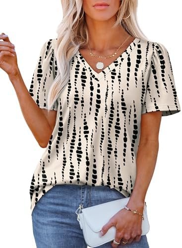 OFEEFAN T Shirts for Women V Neck Dressy Casual Blouses Puff Short Sleeve Summer Tops Loose Fit