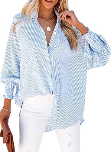 Womens Smocked Cuffed Striped Boyfriend Shirt Casual Collar Long Sleeve Oversized Button Down Blouse Tops with Pocket Shirred