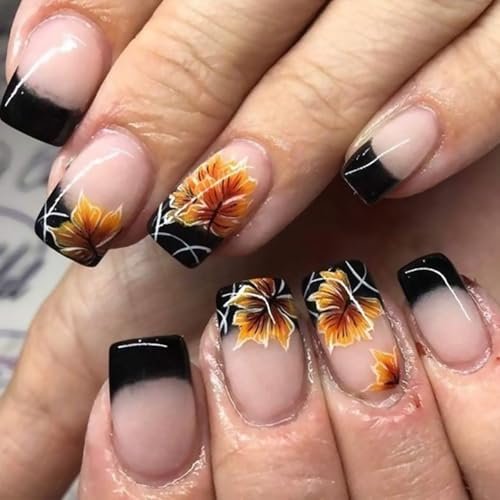 Fall Maple Leaf Press on Nails Short Square Fake Nails Black French Tip False Nails Full Cover Stick on Nails Acrylic Autumn Maple Leaves Artificial Nails for Women Glue on Nails 24 Pcs