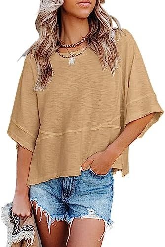 Women's Summer Casual Crewneck Batwing Half Sleeve T-Shirts Solid Color Loose Fit Cute Basic Flowy Tops Tees Blouses