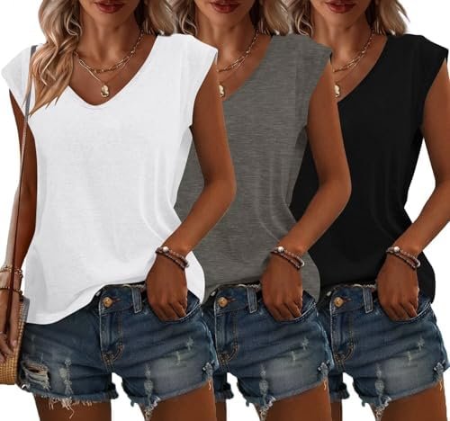 Bliwov 3 Pack Womens Cap Sleeve Tops V Neck T Shirts Spring Summer Casual Plus Size Beach Vacation Fashion Basics Tee Clothes
