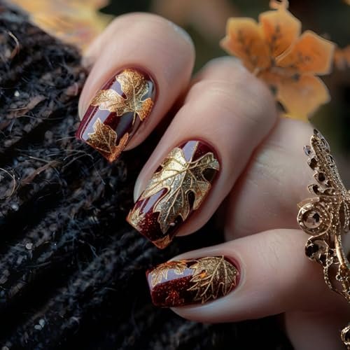 24Pcs Fall Press on Nails Medium Square Fake Nails 3D Gold Glitter Maple Leaf False Nails Dark Red Glue on Nail Artificial Acrylic Nail Thanksgiving Nails for Women DIY Manicure