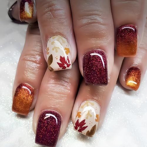 Fall Press on Nails Medium Square Fake Nails with Designs Maple Leaf Glue on Nails Bling Sequins False Nails Autumn Acrylic Nails Glossy Artificial Nails Full Cover Stick on Nails for Women 24Pcs
