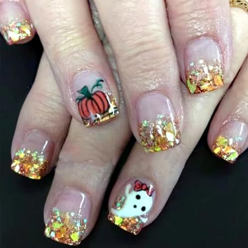 Gold Glitter Halloween Press on Nails Short Square Fake Nails Ghost Pumpkin Glue on Nails with Designs Glossy Acrylic Press on Nails Full Cover Artificial Fall False Nails for Women 24Pcs