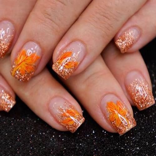 Fall Press on Nails Short Square False Nails Orange Glitter Designs Maple Leaf Fake Nails Glossy Sparkly Thanksgiving Acrylic Nails Full Cover Glue on Nails for Women Autumn Manicure 24 Pcs