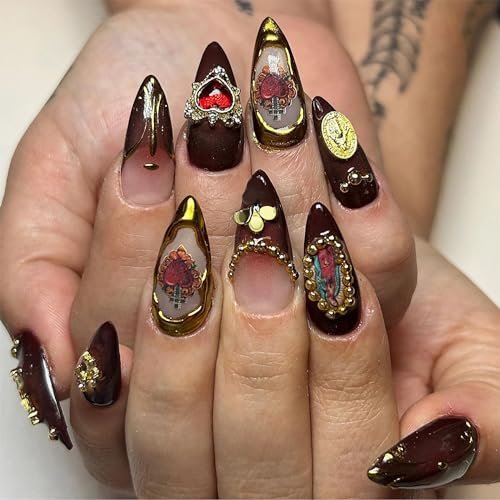 BABALAL Almond Press on Nails Medium Fake Nails Brown Fall Glue on Golden Chrome Baroque Art Acrylic Nails 3d Heart Charm Metallic Ball Design Stiletto Manicure Stick on False Nails