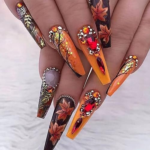 24 PCS Luxury Handmade Press on Nails Long Coffin Fake Nails with Rhinestones Designs Glitter Fall Leaves Press on Y2k False Nails Autumn with Maple Leaf Stick on Nails Thanksgiving for Women DIY