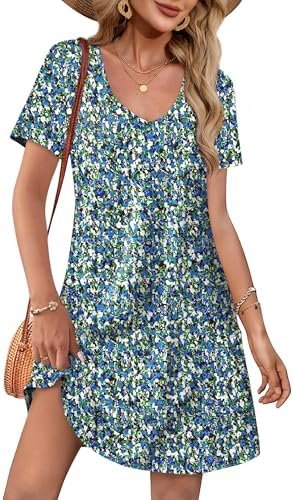 OFEEFAN Summer Dresses for Women 2025 Loose V Neck Short Sleeve Casual T Shirt Dress Sundresses Swimsuit Coverup with Pockets