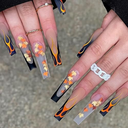 Thanksgiving Press on Nails Long Square Fall Fake Nails Black Nails Maple Leaf and Flame Designs Full Cover Stick on Nails False Nails Matte Transparent Nails for Women Girls 24 Pcs