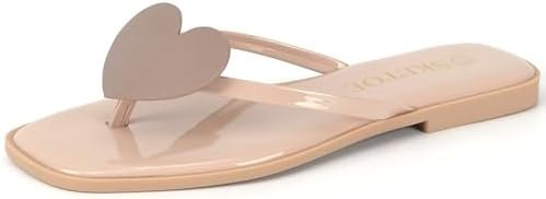 Flip Flops for Women with Heart Decoration Comfortable Square Toe Flat Sandals Lightweight Thong Sandals Cute Beach Slides