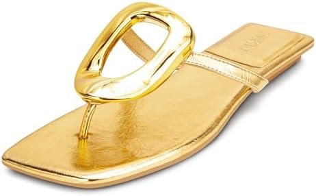 PARTY Square Toe Flip Flops Women,Fashion Designer Thong Sandals with Gold Buckle Trendy Summer Comfort Flat Sandals