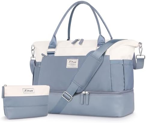 ETRONIK Weekender Bags for Women, Personal Item Travel Bag with Shoe Compartment, Carry On Overnight Bag with Toiletry Bag, Gym Bag with Wet Pocket, Duffel Bag for Travel, Sports, Hospital Blue&White