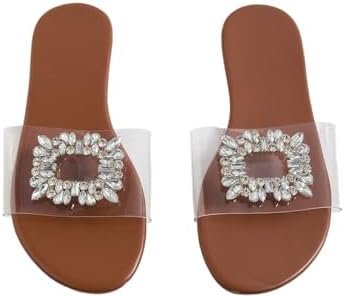 GORGLITTER Women's Clear Sandals Rhinestone Flat Dress Open Toe Slip On Slide Sandal