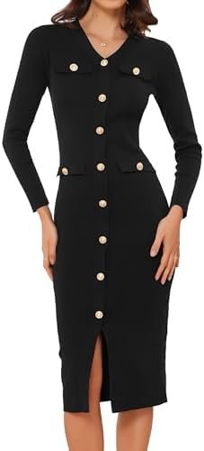 Allegra K Bodycon Sweater Dress for Women's 2025 V Neck Long Sleeve Button Decor Knit Midi Dress