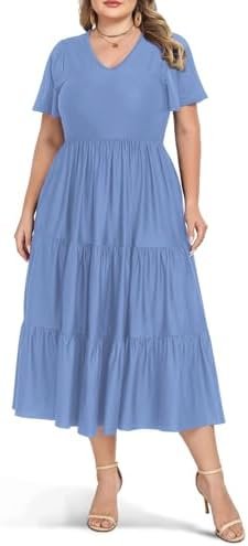 Women's 2025 Plus Size Casual Dress Floral Tiered V-Neck Aline Short Sleeve Summer Maxi Dresses with Pockets