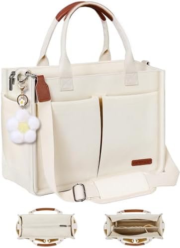 FIORETTO Womens Canvas Tote Bag Purse with Individual Compartment, Zipper Top, Reinforced Bottom & Luggage Sleeve