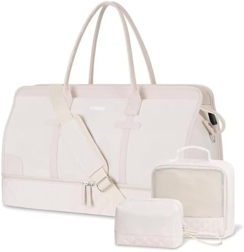 ETRONIK Weekender Overnight Bags for Women, Large Travel Duffle Bags with Shoe Compartment & Wet Pocket, Carry On Tote Bag Gym Duffel Bag with Toiletry Bags for Hospital 3 Pcs Set, Large Size, Beige