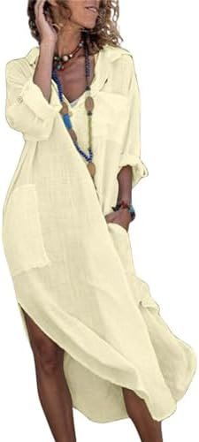 utcoco Womens Casual Loose Cotton Linen Long Shirt Dress Lapel Button Cuffed Sleeve Side Split Dresses with Pockets