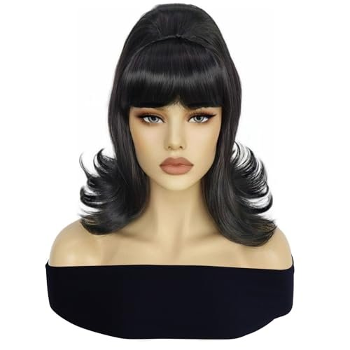 BESTBEL + Hair Cap Black Bob Wig for Women Cosplay Short Beehive Flip Wig with Bangs 60s Women Sythetic Styled Hair for Halloween Costume Party