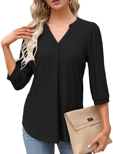 Buauty 3/4 Length Sleeve V-Neck Womens Tops Summer Trendy Loose Eyelet T-Shirts Casual Dressy Tunic Blouses