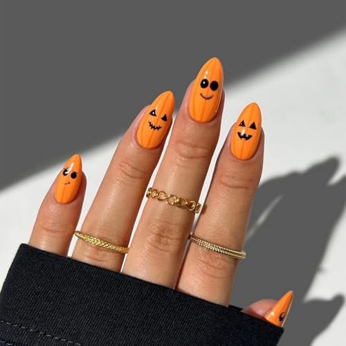 Halloween Pumpkin Press On Nails - Medium Acrylic Almond Shaped Fake Nails, Yellow Glossy False Nails Design, Fall Full Cover Glue On Nails, 24 Pcs