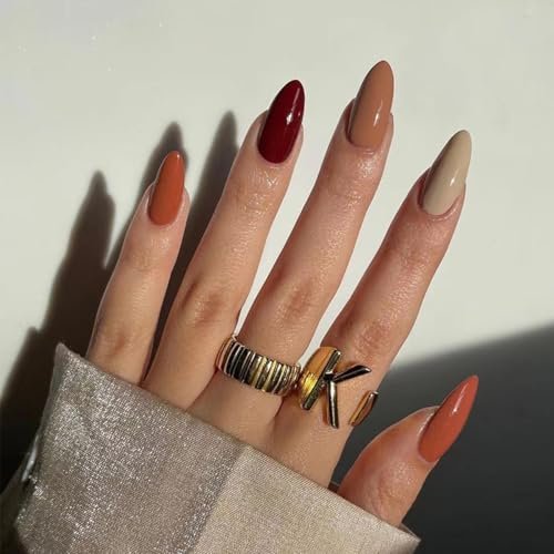 Fall Press on Nails Medium Almond Fake Nails Autumn Vibe False Nails Press ons with Reds,Beiges,Oranges Design,Reusable Artificial Nail Full Cover Glue on Nails Stick on Nails for Women Manicure 24Pcs