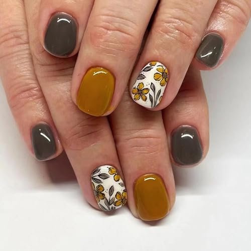 Square Press on Nails Short With Floral Designs - Yellow and Grey Acrylic Glossy Glue on Artificial Stick on Nails for Women - Fall Style - 24Pcs
