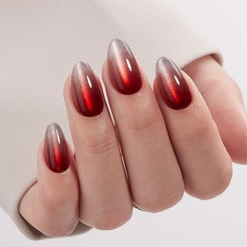 VSALON Press On Nails Short Almond, 32 Pcs 16 Sizes Red Cat Eye Press On Ombre Chrome Fake Nails With UV Cure Glue, Reusable Stick On Nails False Nails Kit Fall Wedding Gift For Women