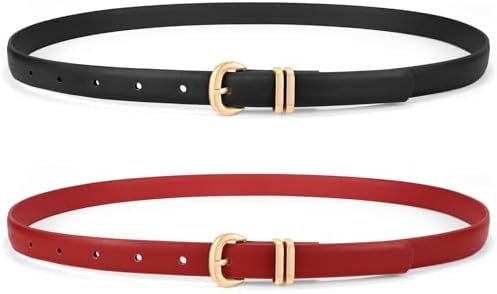 WHIPPY 2 Pack Skinny Leather Belts for Women Thin Ladies Fashion Belt C-Shaped Gold Buckle Black Belt for Jeans Pants Dresses