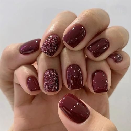 Short Press on Nails Square Fall Burgundy Fake Nails with Golden Glitter Designs Acrylic Nails Press ons Reusable Glue on Nails for Women and Girls Daily Wear 24 Pcs