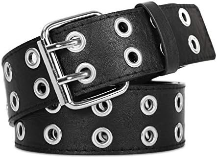 XZQTIVE Double Grommet PU Leather Belt for Women Men Punk metal Jean Belt Wide 1.5 Inch