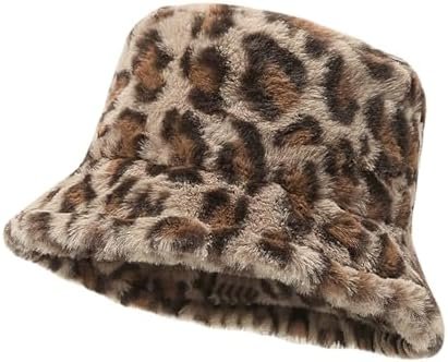 Winter Faux Fur Bucket Hat Warm Fluffy Leopard Hat Plush Fisherman Caps Furry Warmer Caps Soft Outdoor Bucket Caps Khaki