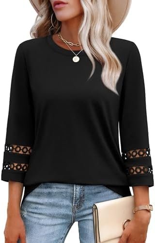XIEERDUO 3/4 Length Sleeve Womens Tops and Blouses Dressy Casual Crewneck T Shirts Fashion Clothes Loose Fit Trendy