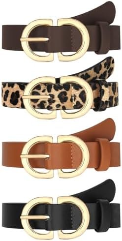 YARIEW 4 Pack Leopard Belts for Women Leather Belts for Jeans Pants Ladies Dress Belt Waist Belt with Gold Buckle