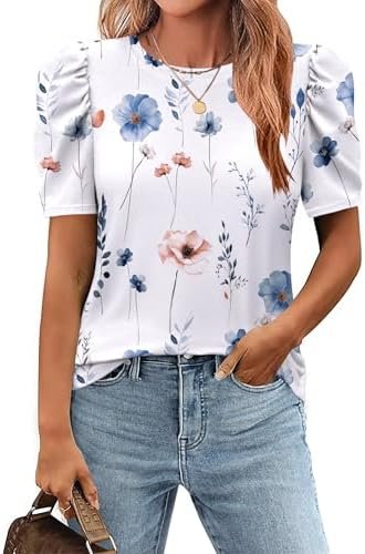 Zeagoo Blouse for Women Dressy Casual Puff Short Sleeve Boho Tops Fashion Floral Crew Neck Tunic Shirts Summer Clothes