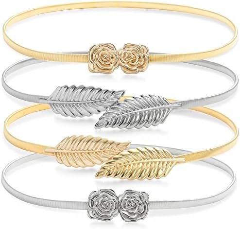 Juvale Women Belts for Dresses - 4-Pack Skinny Stretch Metallic Waist Belts - Medium 27-27.5 In Waist Extends to 40 In - Leaf & Rose Pattern - Gold & Silver
