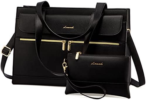 LOVEVOOK Laptop Tote for Women - 15.6 Inch Professional Leather Computer Briefcase, Waterproof Handbag, Large Capacity Business Teacher Office Bag, Crossbody Purse - Black