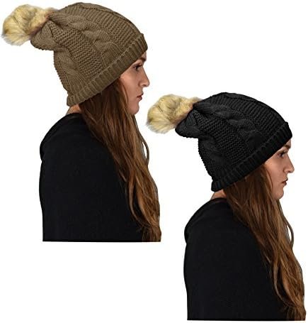 Women’s Thick Knit Crochet Folder Over Pom Pom Winter Beanie Hat