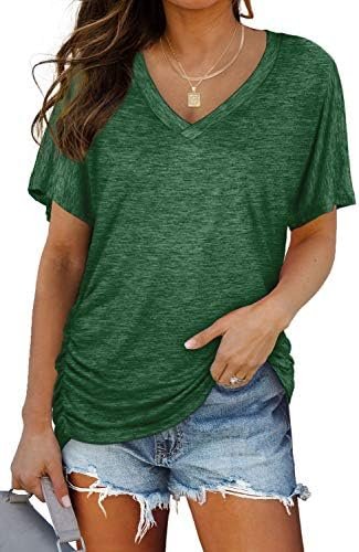 WIHOLL Womens Short Sleeve V Neck Dolman Tops with Side Shirring Loose Fit Shirts