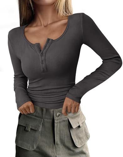 PRETTYGARDEN Women's 2025 Summer Fall Long Sleeve Henley T Shirts Button Ribbed Knit Slim Fit Casual Basic Tops Blouse