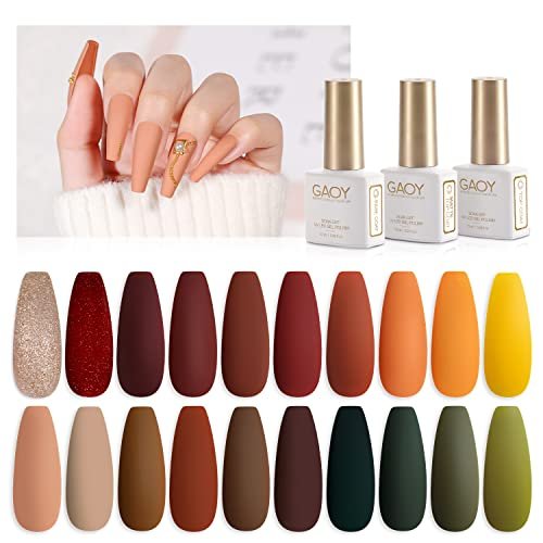 GAOY 23 Pcs Gel Nail Polish Set, Fall Brown Red Green Glitter Colors, UV Light Cure Gel Nail Kit with Glossy & Matte Top Coat and Base Coat for Salon and DIY Manicure at Home