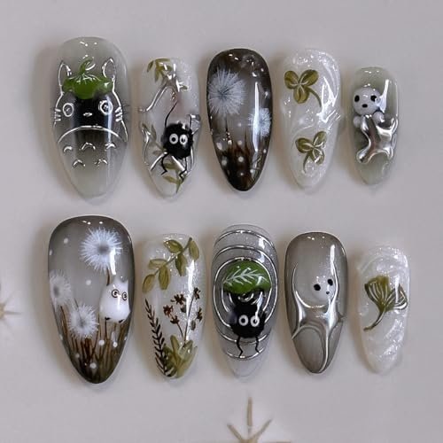 24 Pcs Clear Smudge Press on Nails Short Almond,MINGCHUN Fall Summer Fake Nails Press ons Acrylic Nail Art Tips Kit Full Cover False Nails Glue on Nails with Dandelion Plant Spirit Design for Women